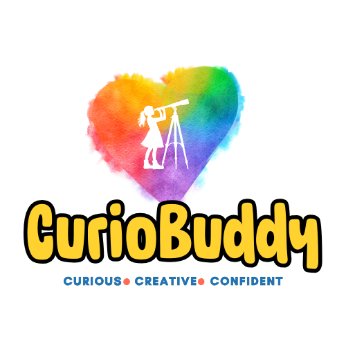 Logo of website Curiobuddy for curious, creative and confident kids that embark on a journey of reading, learning and exploration.