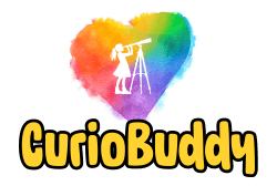 Logo of website Curiobuddy for curious, creative and confident kids that embark on a journey of reading, learning and exploration. VIBGYOR heart having a white silhouette of a young girl looking into a telescope. A safe and secure platform for primary school to middle school students for collaborative learning that reinforces classroom knowledge.