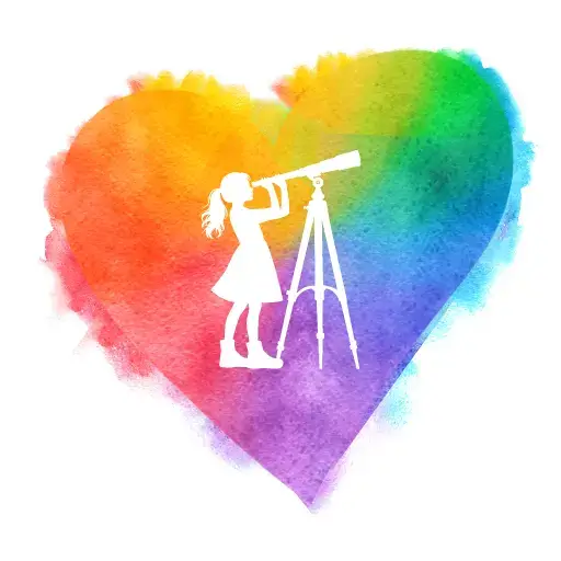 CurioBuddy site icon. A vibgyor heart in center of a white background having a silhouette of a young girl looking into a telescope in the heart's centre.