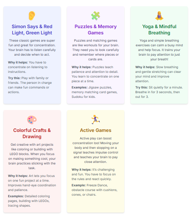List of games like simon says, puzzles, yoga